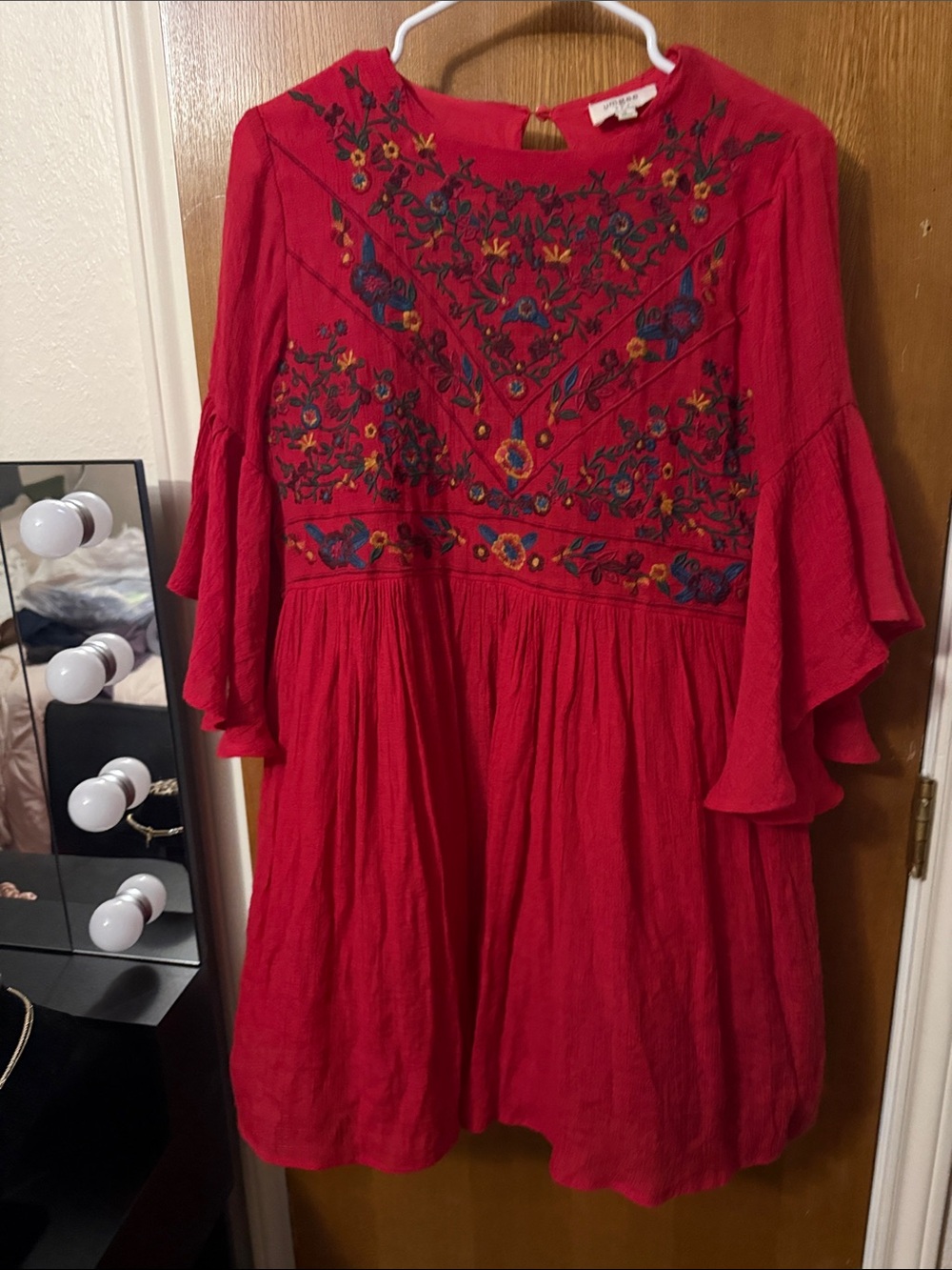 Umgee Red Embroidered Bell-Sleeve Tunic Dress - Picture 4 of 8